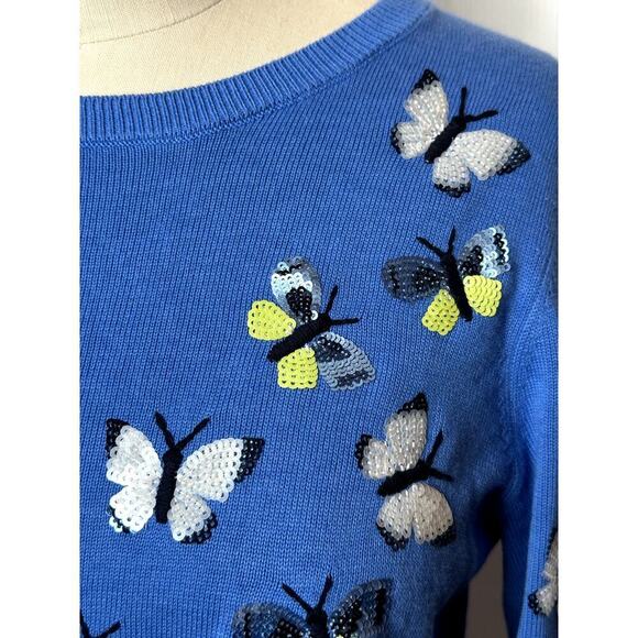 Vntg Talbots Petite Blue Sequined Butterflies Short Sleeve Sweater Top Womens LP - Picture 4 of 6